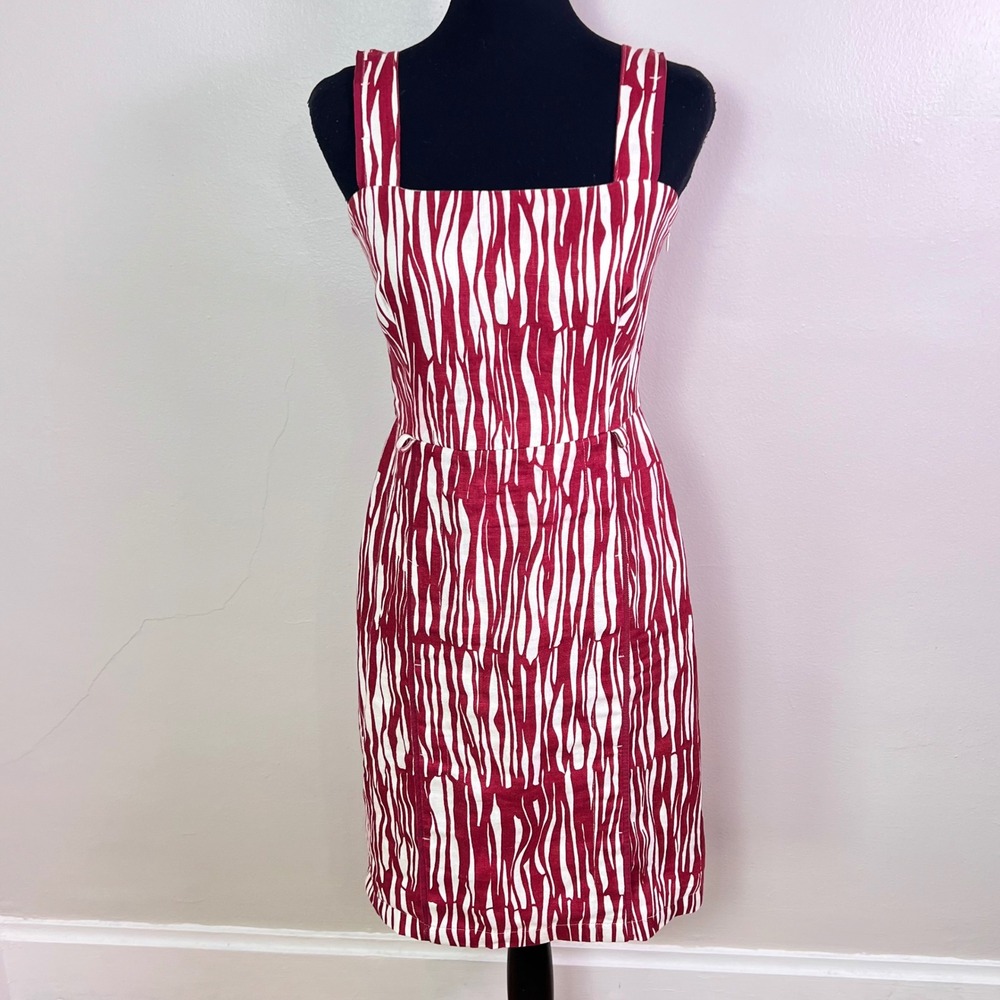 Max Mara Linen Sheath Dress 4 Red White Zebra Print Made in Italy Square Neck